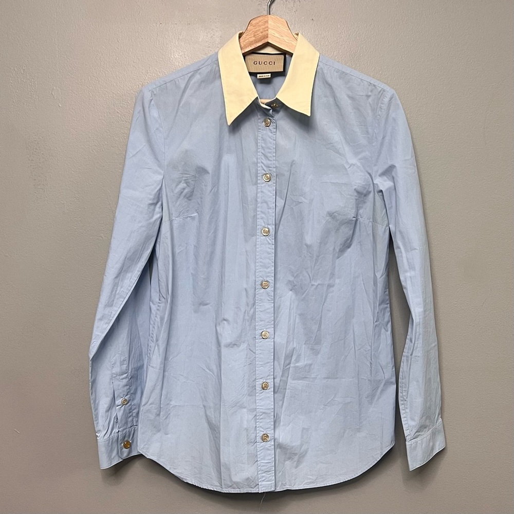 Gucci Women’s Light Blue Button Up Poplin W/ Yellow Collar GG Gold Cuff Links 44